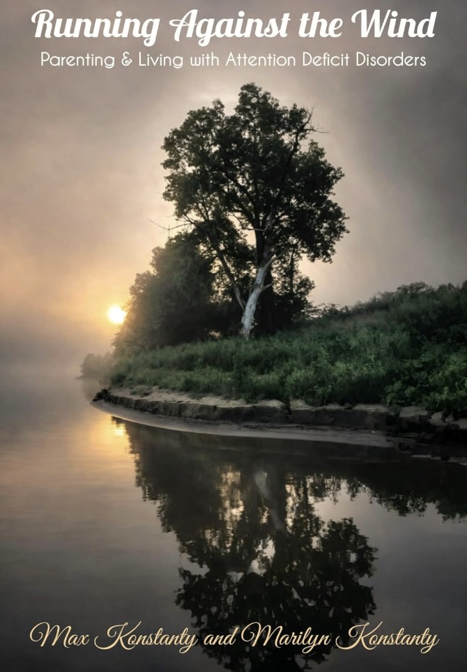 Running Against the Wind — Book Cover: A misty sunrise over a river with a solitary tree, by Max Konstanty and Marilyn Konstanty
